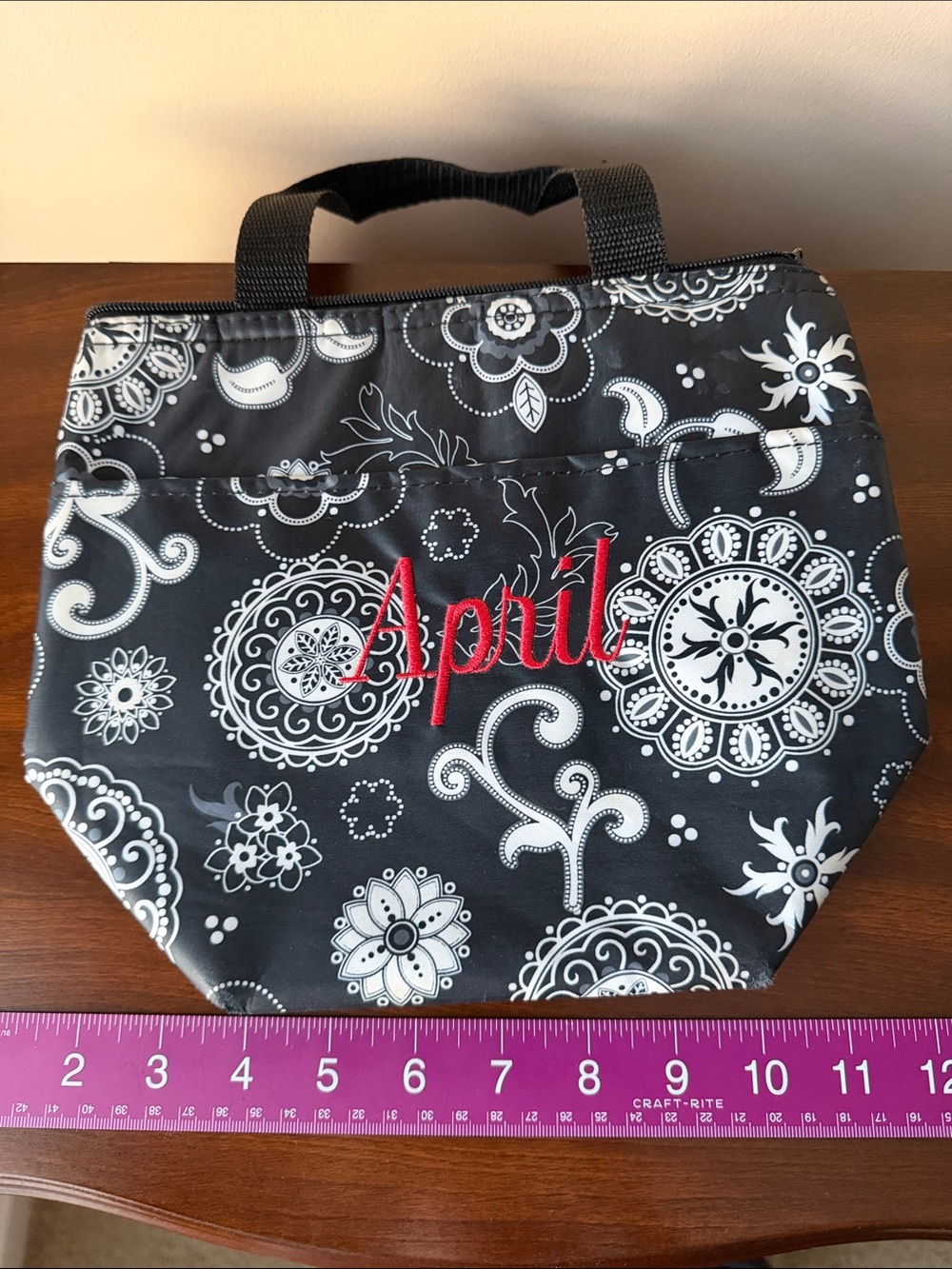 Embroidered 'April' Black and White Patterned Thirty One Tote